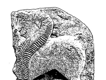 Weathered stone sphinx sculpture from El Salobral on a rectangular base, shown in black and white.