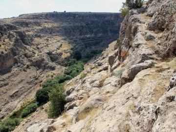 Rocky canyon landscape near the Karasu relief with steep cliffs and a green valley floor.