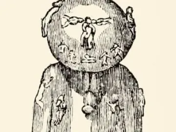 Black-and-white line drawing of the A\'a sculpture, an upright figure with a rounded head and a body covered in small human-like figures.