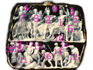 Gemma Augustea cameo with white carved figures in two registers, including a chariot scene above and captives below.