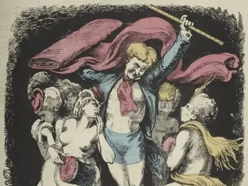 La Danse shown as a lively group of mostly nude women surrounding a central man holding a measuring stick and pink fabric.