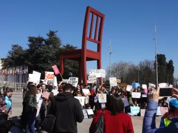 The Broken Chair sculpture stands tall in red wood behind a crowd of protesters holding signs.