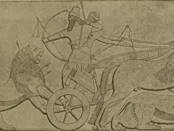 Lion Hunt of Ashurbanipal relief showing a horse-drawn chariot, archers, and lions in a hunting scene.