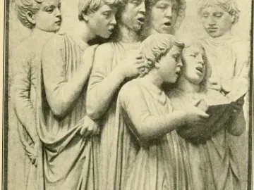 Cantoria relief with youthful figures in classical dress, including one holding an open book and others appearing to sing.