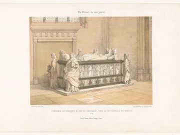 Tomb of Francis II of Brittany with recumbent figures, flanking lions, and standing allegorical statues inside a cathedral interior.