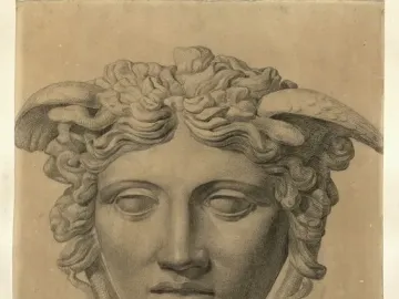 Monochrome drawing of the Medusa Rondanini showing a classical female head with wavy hair, small wings, and snakes in her hair.