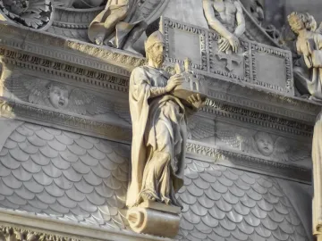 Saint Petronius marble statue holding a model of a city or building