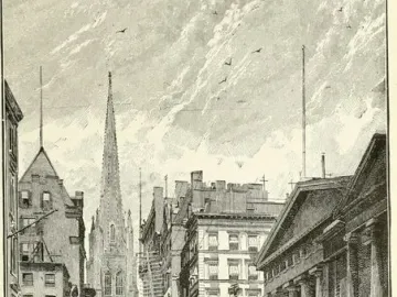 A black-and-white engraving shows a busy city street with pedestrians, horse-drawn carriages, and tall buildings, with a statue of George Washington on a pedestal beside a classical building.