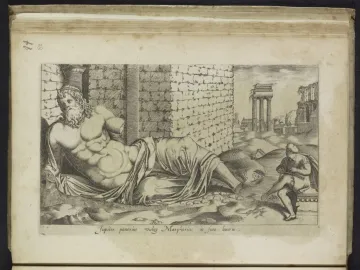 Engraving of Marforio, a reclining bearded male statue on a mound with ruins in the background and a small seated figure nearby.