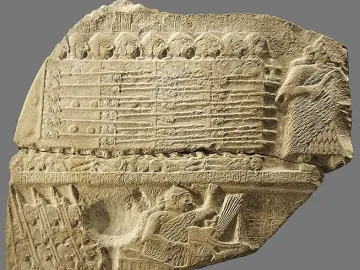 Fragmented limestone relief from the Stele of the Vultures showing soldiers, fallen enemies, a bird of prey, and a deity holding a net of captives.