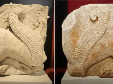 The El Salobral Sphinxes shown as two weathered stone carvings on white pedestals.