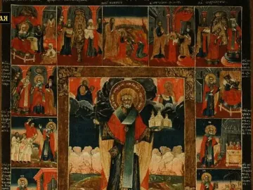 Icon of Saint Nicholas of Mozhaysk with a halo, holding a sword and a miniature city, surrounded by scenes from his life.