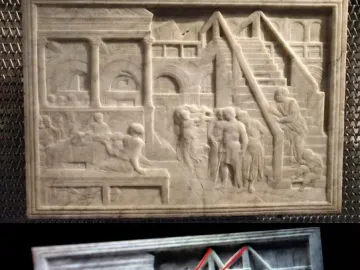 The Feast of Herod relief shown above a version overlaid with red perspective lines.
