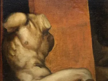 River God reclining male torso with bent legs on a dark block