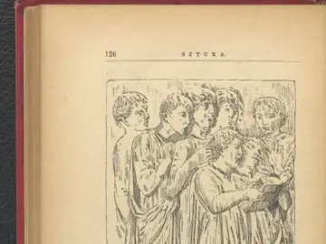 Cantoria relief showing a group of robed boys singing from a shared book.
