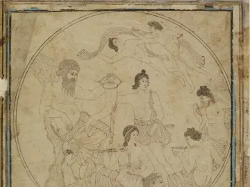 Circular line drawing of the Tazza Farnese showing classical figures, including seated, reclining, and winged figures.