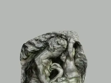 Young Mother in the Grotto, a dark bronze sculpture of a crouching woman cradling a child inside a textured grotto-like form.