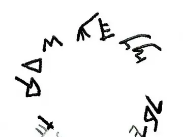 Circular arrangement of ancient characters from the Ivory Pomegranate inscription on a plain background.