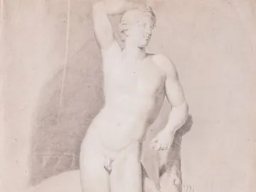 Apollino shown as a standing male nude in a classical contrapposto pose, with one arm raised and the other resting on a support with a quiver of arrows.