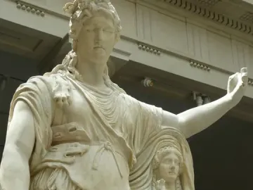 Hope Dionysus marble statue with a draped figure leaning beside a smaller female figure holding an object