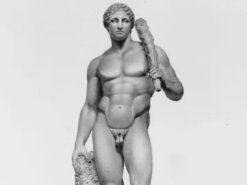 Engraving of the Lansdowne Heracles, a muscular male statue holding a club on his shoulder with a lion skin draped beside him.