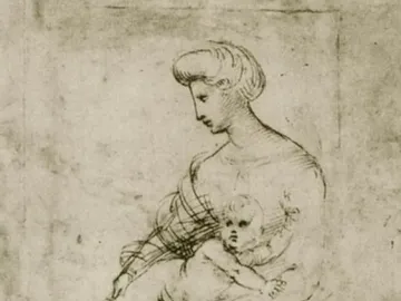 Sepia-toned drawing of a woman holding an infant, associated with the Taddei Tondo.