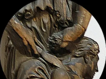 Detail of Donatello’s Sacrifice of Isaac showing two intertwined figures, with one holding a blade near the other’s head.