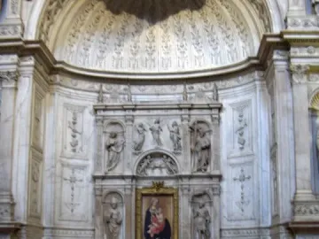 Piccolomini Altarpiece with a central Madonna and Child panel, sculpted figures in niches, and ornate marble decoration