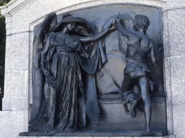 Death and the Sculptor bronze relief showing a winged woman reaching toward a sculptor with an implement.