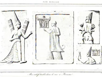 Ancient bas-relief carvings from Yazılıkaya showing multiple anthropomorphic figures in elaborate headdresses and long robes.