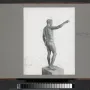 Rear-left view of the Antikythera Ephebe bronze statue, showing a nude male figure on a plinth with one arm extended.