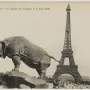 Rhinoceros sculpture in profile with the Eiffel Tower in the background