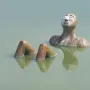 Hombre Río sculpture emerging from calm water with a peaceful face.