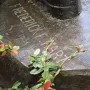 Close-up of the Frederick F. Hart inscription on the dark, textured base of The Three Soldiers, partly covered by thorny foliage and red berries.