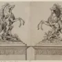 Drawing of the Marly Horses showing two rearing horses restrained by muscular male figures on ornate pedestals.