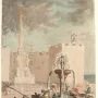 The Triumph of the Candelaria stands in a public square beside a fountain, with people and pack animals gathered around it.
