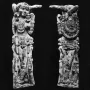 Front and back views of the Pompeii Lakshmi, a richly carved female figure with elaborate jewelry and a decorated back panel.