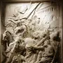 Marble relief of Alexandre et Diogène showing a mounted figure, soldiers, a dog, and a seated bearded man before classical architecture.
