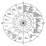 Circular diagram with sixteen numbered sectors and concentric rings, showing the Liver of Piacenza layout with compass directions marked around the edge.