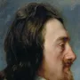 Profile portrait of King Charles I with long dark wavy hair, a pointed goatee, and a white collar.