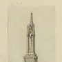 Monochrome ink sketch of the Fontaine de la Vierge, a Gothic monument with a tall ornate structure and small figures at the base.