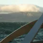 The Sun Voyager sculpture in the foreground with dark water and distant mountains under cloudy skies.