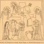 Medieval line drawing of the Externsteine Relief with stylized figures surrounding a large cross and Cyrillic text below.