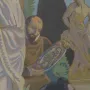 A light-colored classical statue of Milo of Croton appears in the upper right background of the painting.