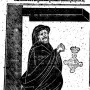 Antique print of Pasquino as a bearded man in a hooded robe, shown with clasped hands on an ornate pedestal with a coat of arms and Latin text above.