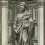 Black and white engraving of Saint Peter standing in an ornate niche, holding a book and a key.