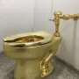 America, a gleaming gold toilet with its lid slightly open against a white wall