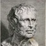 Pseudo-Seneca shown as a black-and-white engraving of a classical bust of an older man with curly hair and a beard.