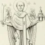 Saint Nicholas of Mozhaysk shown as a haloed figure in ornate robes, holding a sword and a miniature walled city.