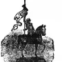Black and white illustration of Joan of Arc on horseback holding a tall banner staff, with the statue on a pedestal.